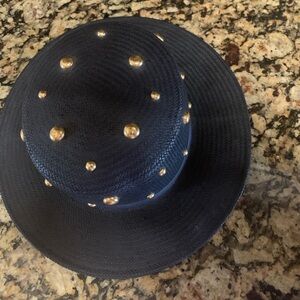 Vintage Importina Women’s Black Straw Wide Brim Hat w/Gold Beads Foley’s